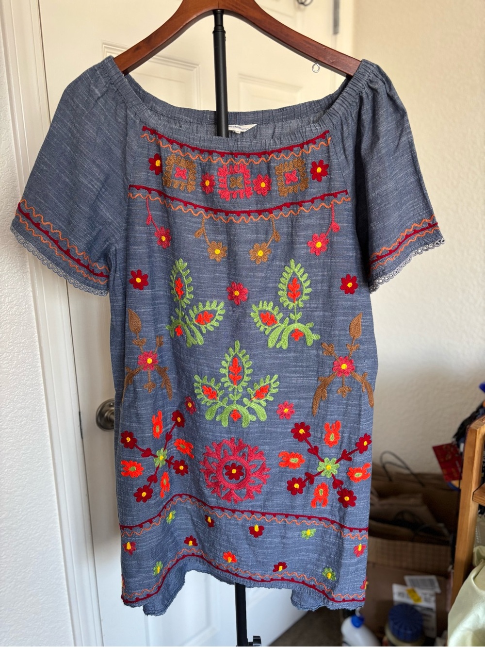 Embroidered Blue Mini Skirt with Floral Motif